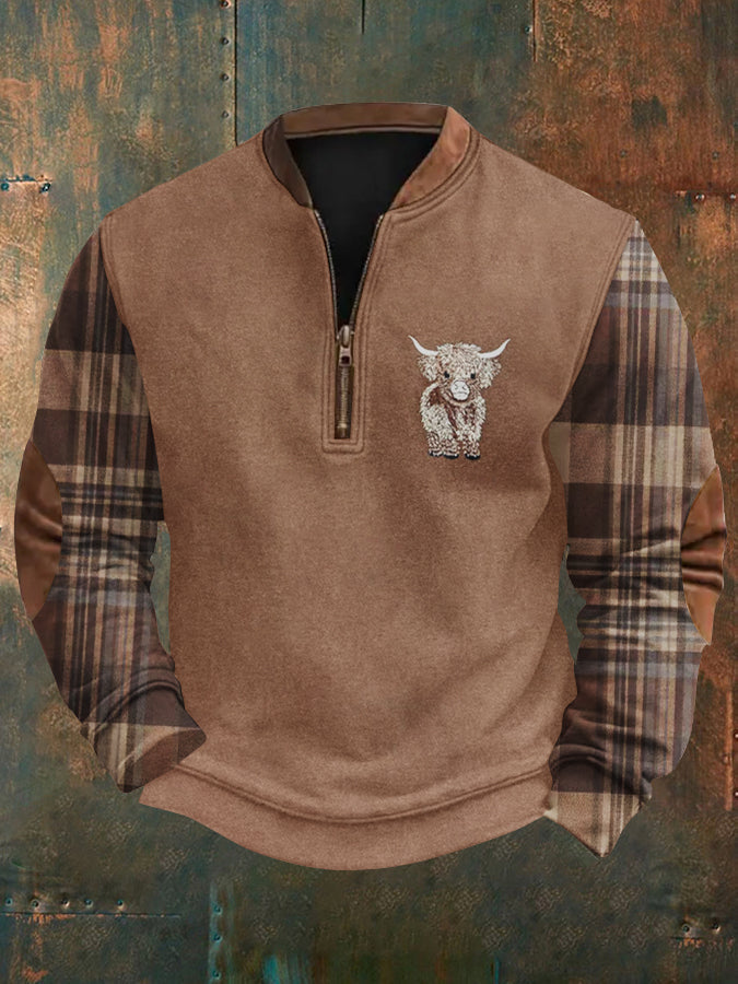 Men's Scottish Highland Cow Embroidery Plaid Long Sleeve Sweatshirt vetvanguards