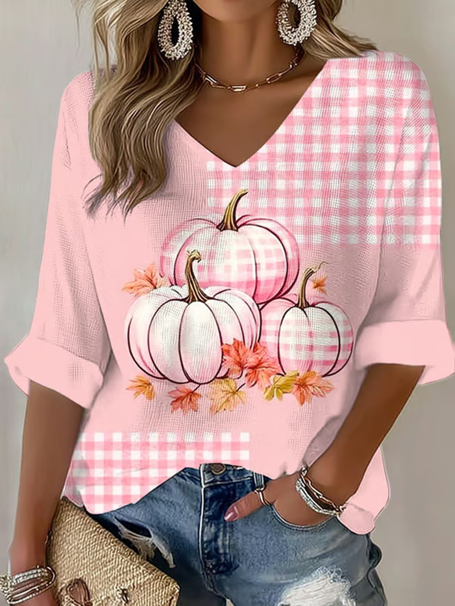 Women's Breast Cancer Pink Pumpkin Print Casual T-shirt vetvanguards