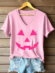 Women's Pink Pumpkin Face Print V-Neck T-Shirt vetvanguards