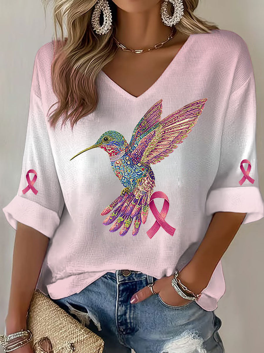 Women's Breast Cancer Hummingbird Print Casual T-shirt vetvanguards