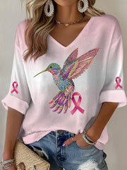 Women's Breast Cancer Hummingbird Print Casual T-shirt vetvanguards