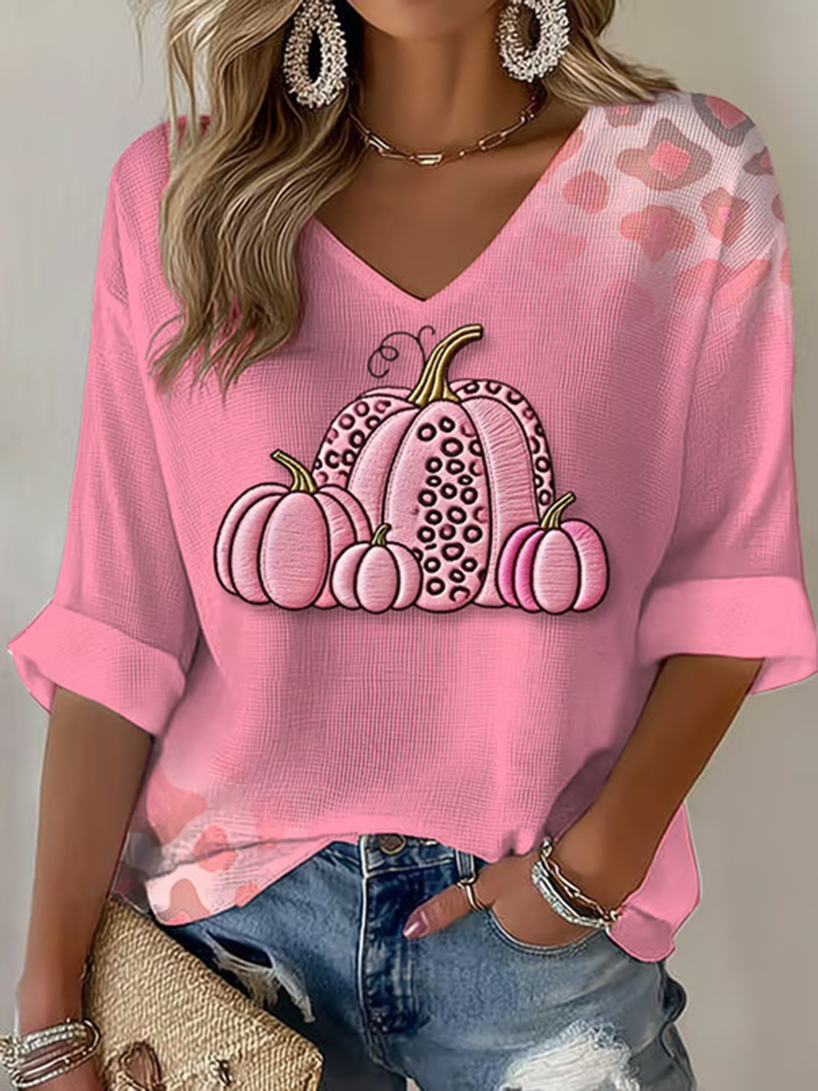 Women's Breast Cancer Pink Pumpkin Print Casual T-shirt vetvanguards