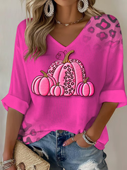 Women's Breast Cancer Pink Pumpkin Print Casual T-shirt vetvanguards