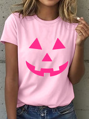 Women's Pink Pumpkin Face Print T-Shirt vetvanguards