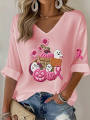 Women's Breast Cancer Pink Pumpkin Print Casual T-shirt vetvanguards