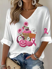 Women's Breast Cancer Pink Pumpkin Print Casual T-shirt vetvanguards