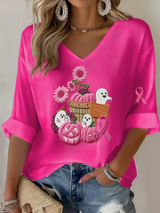 Women's Breast Cancer Pink Pumpkin Print Casual T-shirt vetvanguards