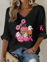 Women's Breast Cancer Pink Pumpkin Print Casual T-shirt vetvanguards