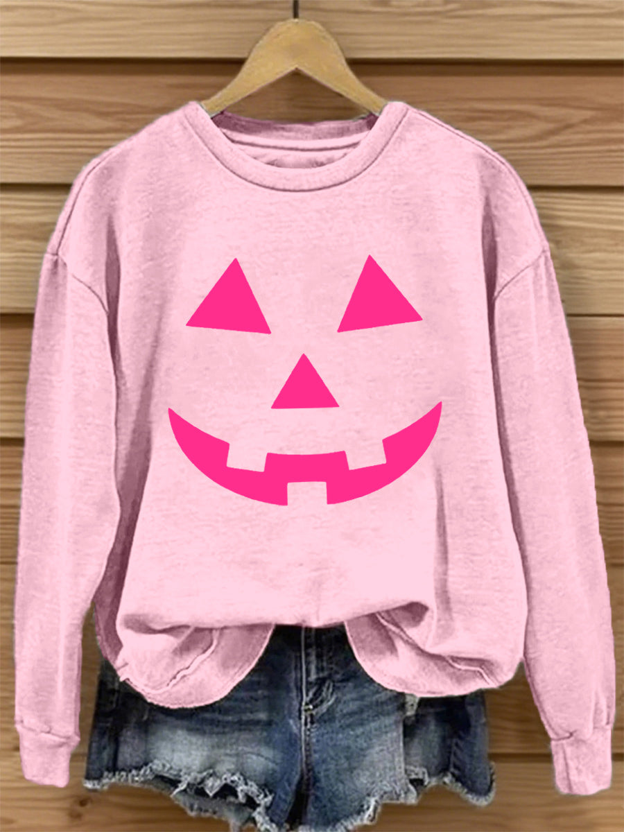 Women's Pink Pumpkin Face Print Sweatshirt vetvanguards