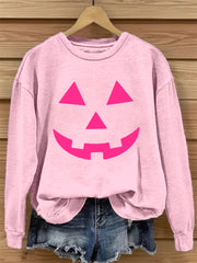 Women's Pink Pumpkin Face Print Sweatshirt vetvanguards