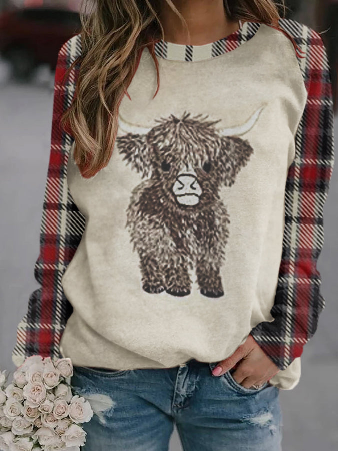 Women's Scottish Highland Cow Embroidery Plaid Long Sleeve Sweatshirt vetvanguards