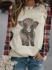 Women's Scottish Highland Cow Embroidery Plaid Long Sleeve Sweatshirt vetvanguards