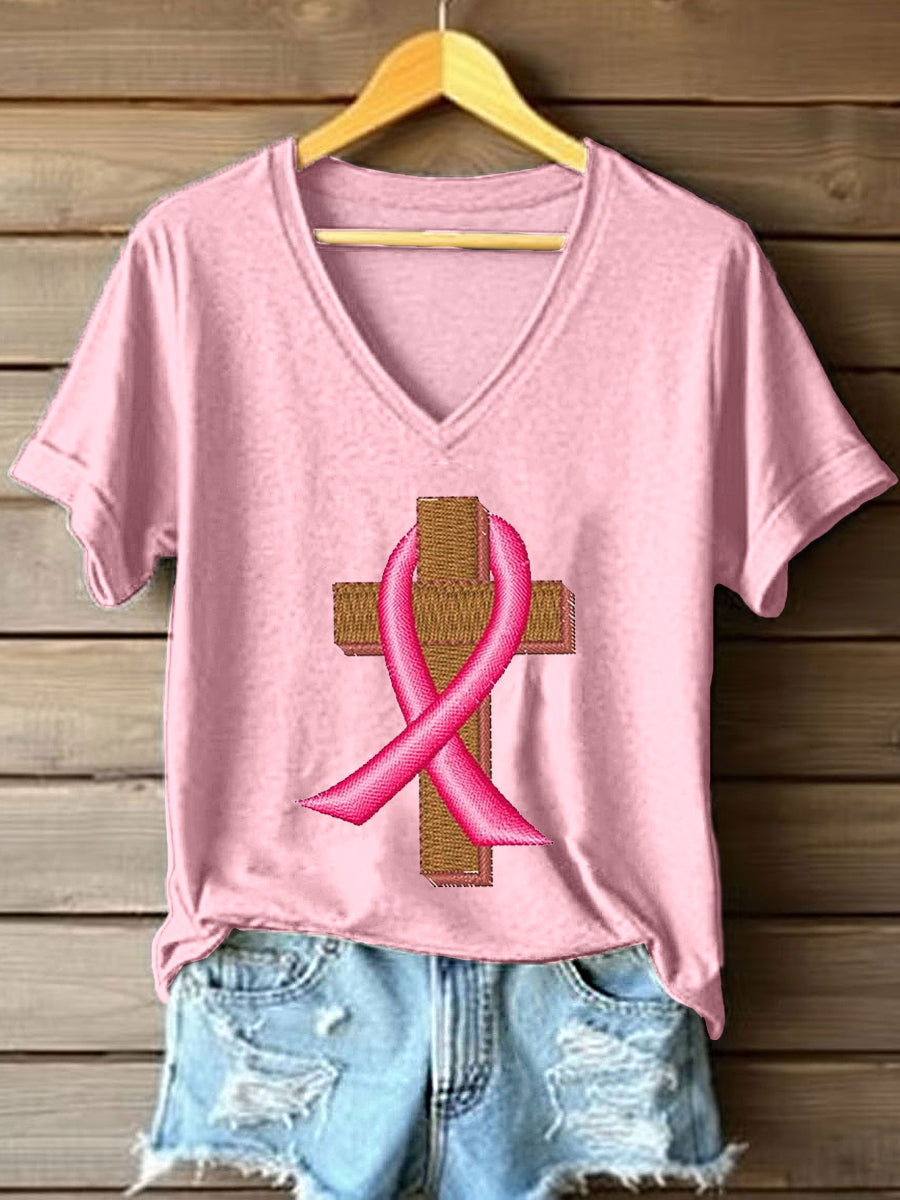 Women's Breast Cancer Awareness Ribbon and Cross Embroidered T-Shirt vetvanguards