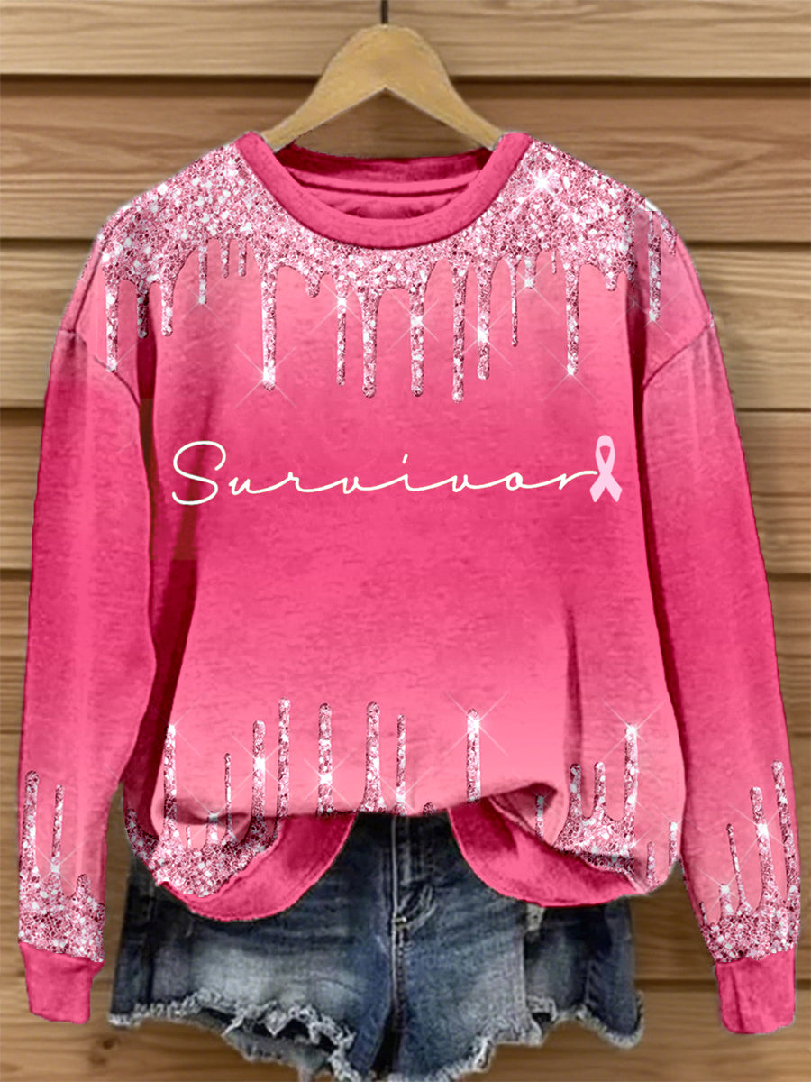 Women's Survivor Print Breast Cancer Awareness Sweatshirt vetvanguards