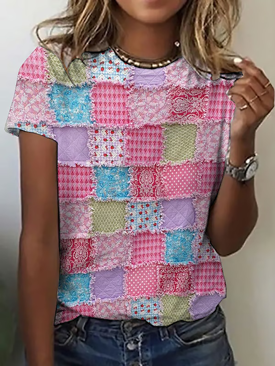 Women's Pink Patchwork Print Casual T-shirt vetvanguards