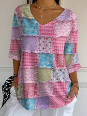 Women's Pink Patchwork Print Casual T-shirt vetvanguards
