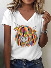 Women's Highland Cow Embroidered V-neck T-Shirt vetvanguards