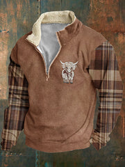 Men's Scottish Highland Cow Embroidery Plaid Long Sleeve Sweatshirt vetvanguards