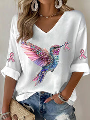 Women's Breast Cancer Hummingbird Print Casual T-shirt vetvanguards