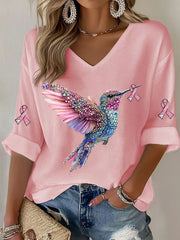 Women's Breast Cancer Hummingbird Print Casual T-shirt vetvanguards