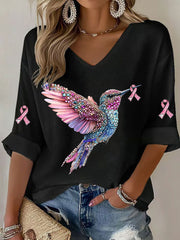 Women's Breast Cancer Hummingbird Print Casual T-shirt vetvanguards