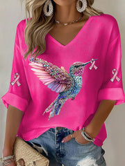 Women's Breast Cancer Hummingbird Print Casual T-shirt vetvanguards