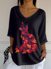 Women's Casual Autumn Leaves Cat Printed V-Neck Top vetvanguards
