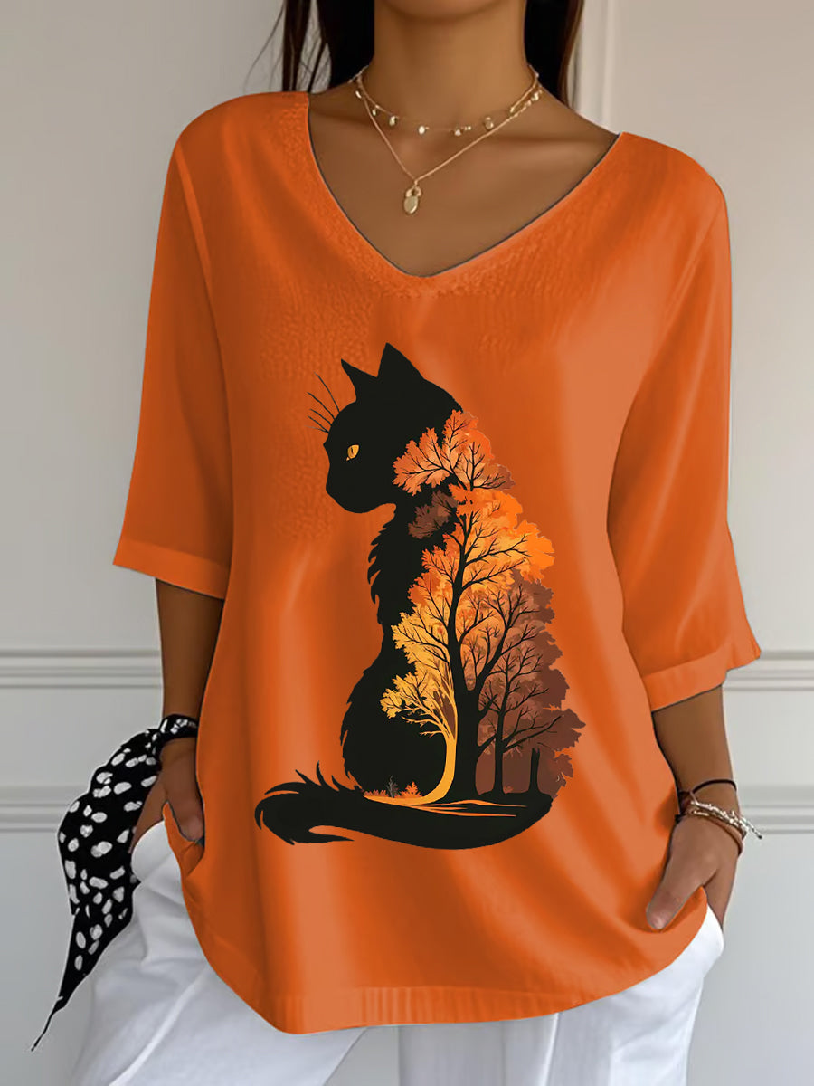 Women's Casual Autumn Leaves Cat Printed V-Neck Top vetvanguards