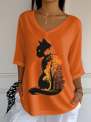 Women's Casual Autumn Leaves Cat Printed V-Neck Top vetvanguards