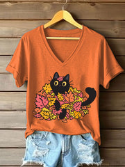 Women's Autumn Leaves Black Cat Short Sleeve T-Shirt vetvanguards