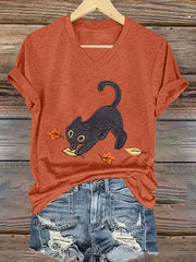 Women's Cozy Fall  Cute Black Cat Short Sleeve T-Shirt vetvanguards