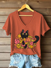 Women's Autumn Leaves Black Cat Short Sleeve T-Shirt vetvanguards