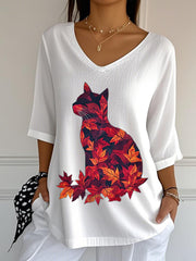 Women's Casual Autumn Leaves Cat Printed V-Neck Top vetvanguards