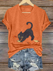 Women's Cozy Fall  Cute Black Cat Short Sleeve T-Shirt vetvanguards