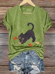 Women's Cozy Fall  Cute Black Cat Short Sleeve T-Shirt vetvanguards