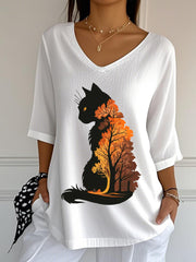 Women's Casual Autumn Leaves Cat Printed V-Neck Top vetvanguards