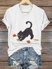 Women's Cozy Fall  Cute Black Cat Short Sleeve T-Shirt vetvanguards
