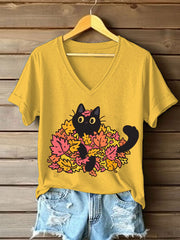 Women's Autumn Leaves Black Cat Short Sleeve T-Shirt vetvanguards