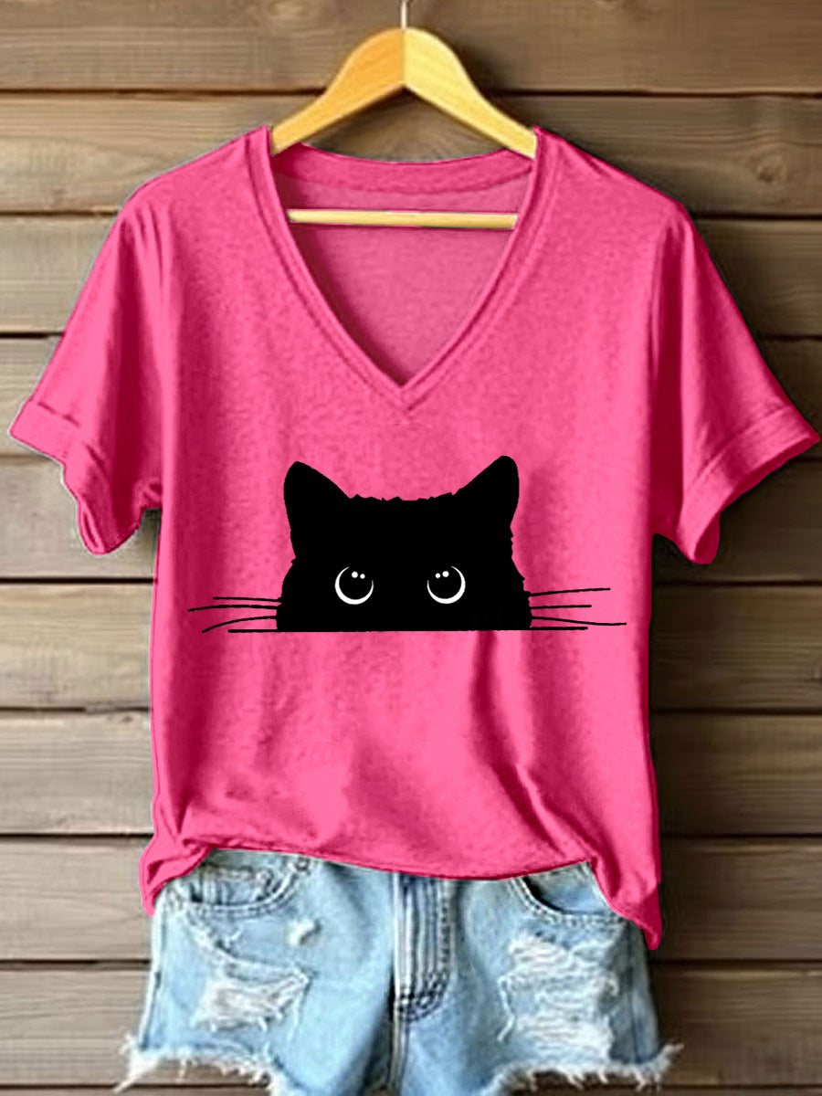 Women's Cute Cat Print V-Neck T-Shirt vetvanguards