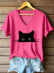 Women's Cute Cat Print V-Neck T-Shirt vetvanguards