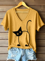Women's Funny Cat Print V-Neck T-Shirt vetvanguards