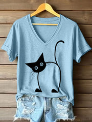 Women's Funny Cat Print V-Neck T-Shirt vetvanguards
