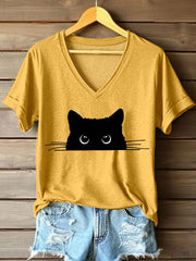 Women's Cute Cat Print V-Neck T-Shirt vetvanguards