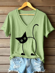 Women's Funny Cat Print V-Neck T-Shirt vetvanguards