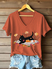 Women's Fall Cat Book Pumpkin Maple Leaves Short Sleeve T-Shirt vetvanguards