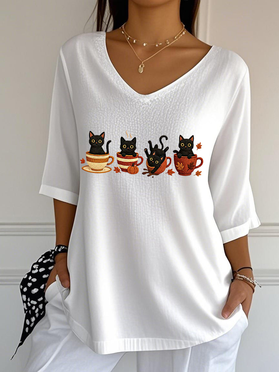 Women's Cute Autumn Black Cat Pumpkin Printed V-Neck Top vetvanguards