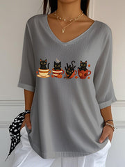 Women's Cute Autumn Black Cat Pumpkin Printed V-Neck Top vetvanguards