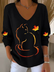 Women's It’s Fall Y’all Cute Cat Printed V-Neck  Casual Long Sleeve Shirt vetvanguards