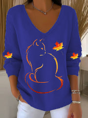 Women's It’s Fall Y’all Cute Cat Printed V-Neck  Casual Long Sleeve Shirt vetvanguards