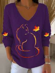 Women's It’s Fall Y’all Cute Cat Printed V-Neck  Casual Long Sleeve Shirt vetvanguards
